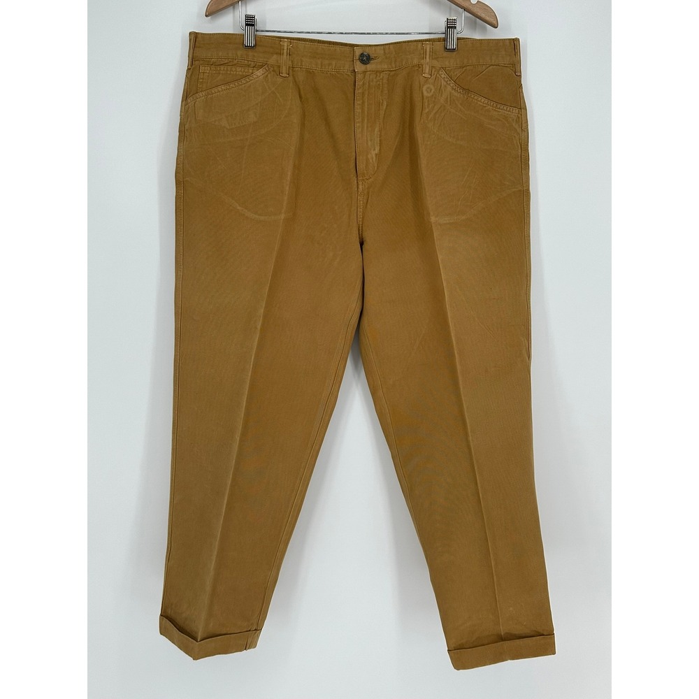 Orvis Mens 42 Canvas Trousers Khaki Tan Cotton Plaid Lined Straight Leg Pants